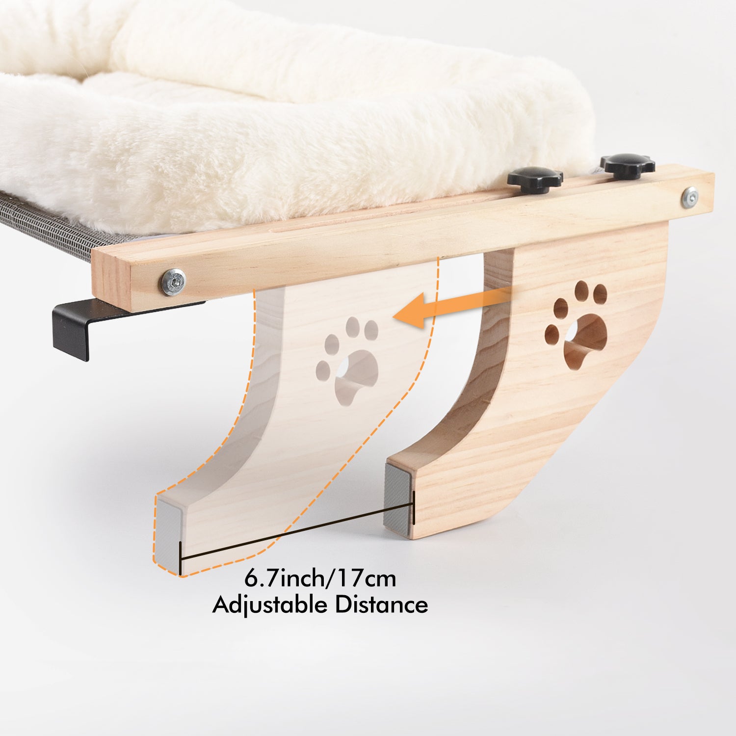 Amosijoy-Wood Cat Windowsill Perch Cushion Pet Bed: The adjustable distance of the support feet is 6.7 inch/17 cm.