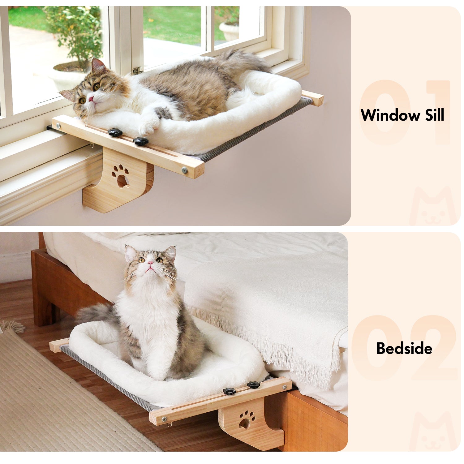 Amosijoy-Wood Cat Windowsill Perch Cushion Pet Bed Usage Scenario: Window sill and bedside